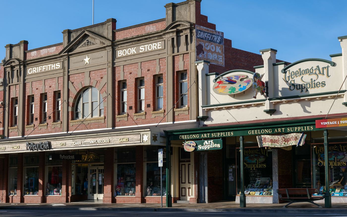 A heritage brick shopfront housing an independent bookshop