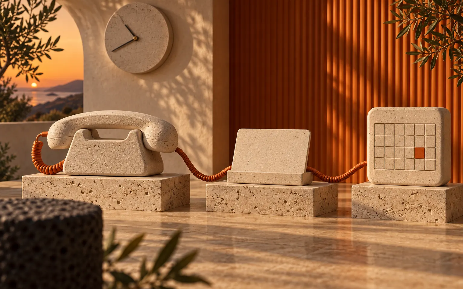 A stone phone whose orange cord runs through a message to a booked calendar date