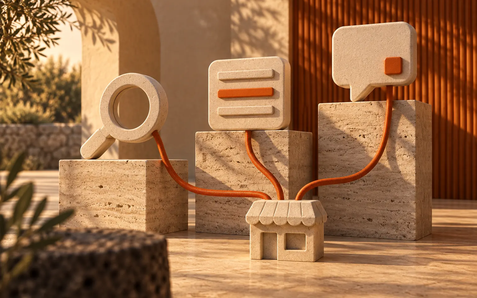 Stone search, answer and chat objects cabled to a small shopfront