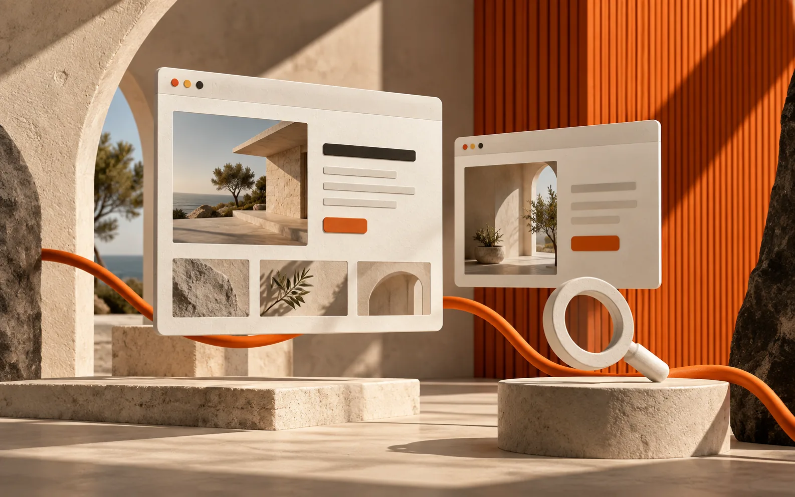Sculptural website panels connected to search by an orange cable