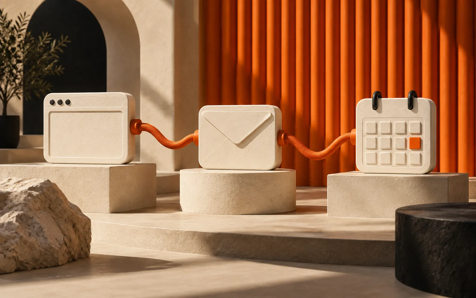 Browser, message and calendar objects linked by an orange workflow cable