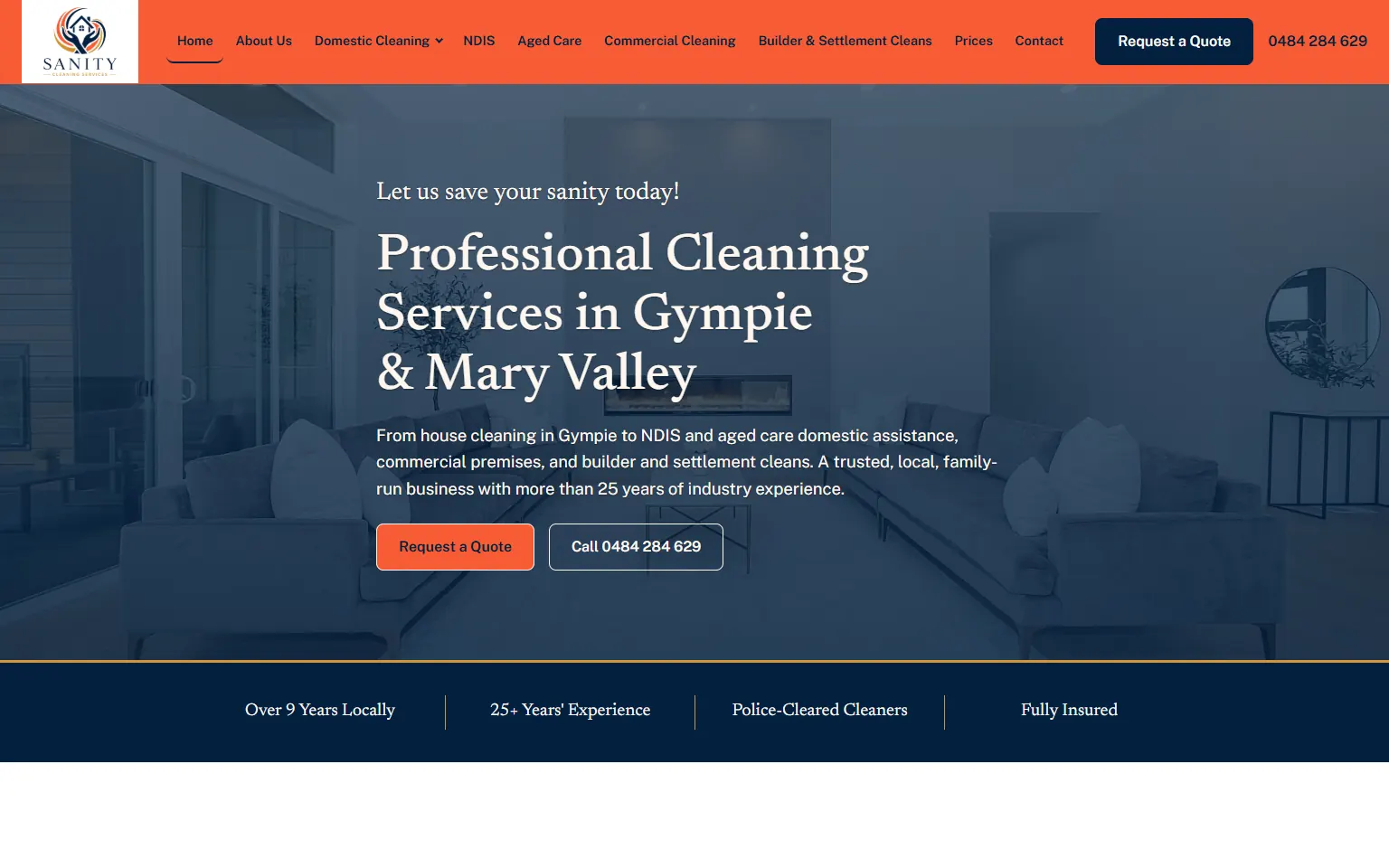 Screenshot of the Sanity Cleaning Services home page